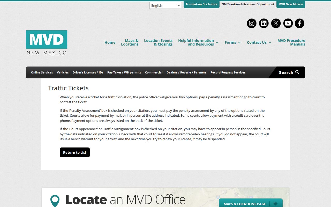 New Mexico traffic ticket payment and court appearance instructions