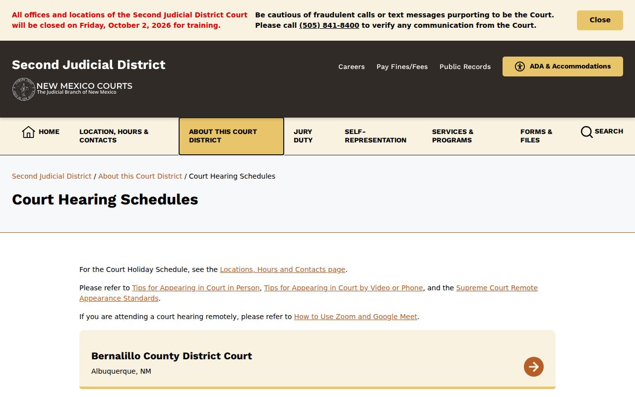 New Mexico court docket and local hearing calendar example