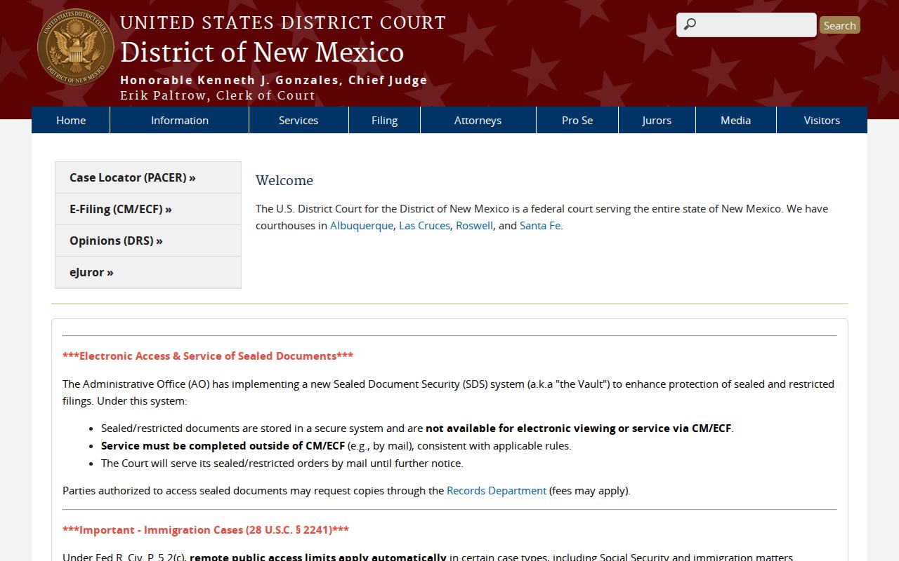 New Mexico federal court docket and clerk information